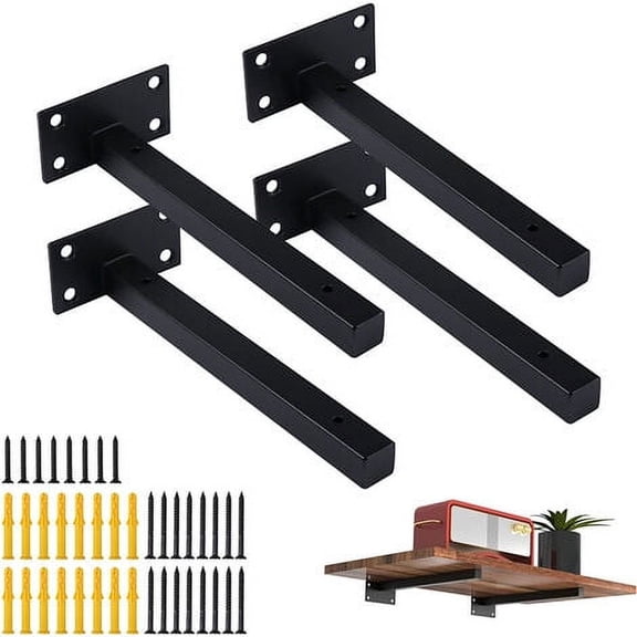 4 square wall mounted shelves, black shelves, invisible fixing, with screws, suitable for bedrooms, kitchens, workshops -15cm