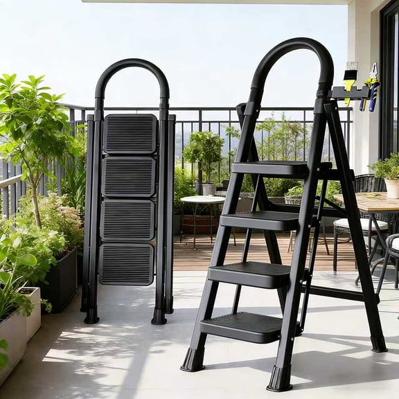 4-step black ladder - wide non-slip steps, foldable design, lightweight and portable