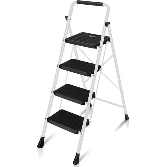 4 step ladder, folding step stool with wide non-slip steps, portable folding ladder, multi-purpose steel ladder for home and office, ladder with handles, White