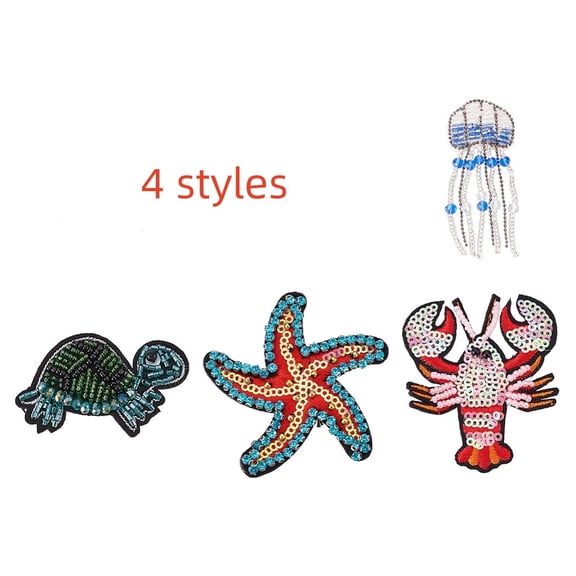 4 style Ocean Theme Cloth Sew on Patches Handmade Plastic Beaded Appliques Badges Sea Animals Mixed Color 36~61x25.5~61x4~7.5mm 4Pc/box