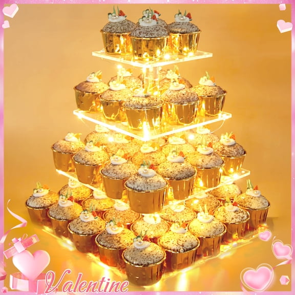 4-tier Acrylic Cake Stand with Warm Yellow LED Light Strip | Transparent, Stable, Holds 52 Cupcakes, Perfect for Weddings, Birthdays, Parties, Christmas, Family Gatherings, and Graduations
