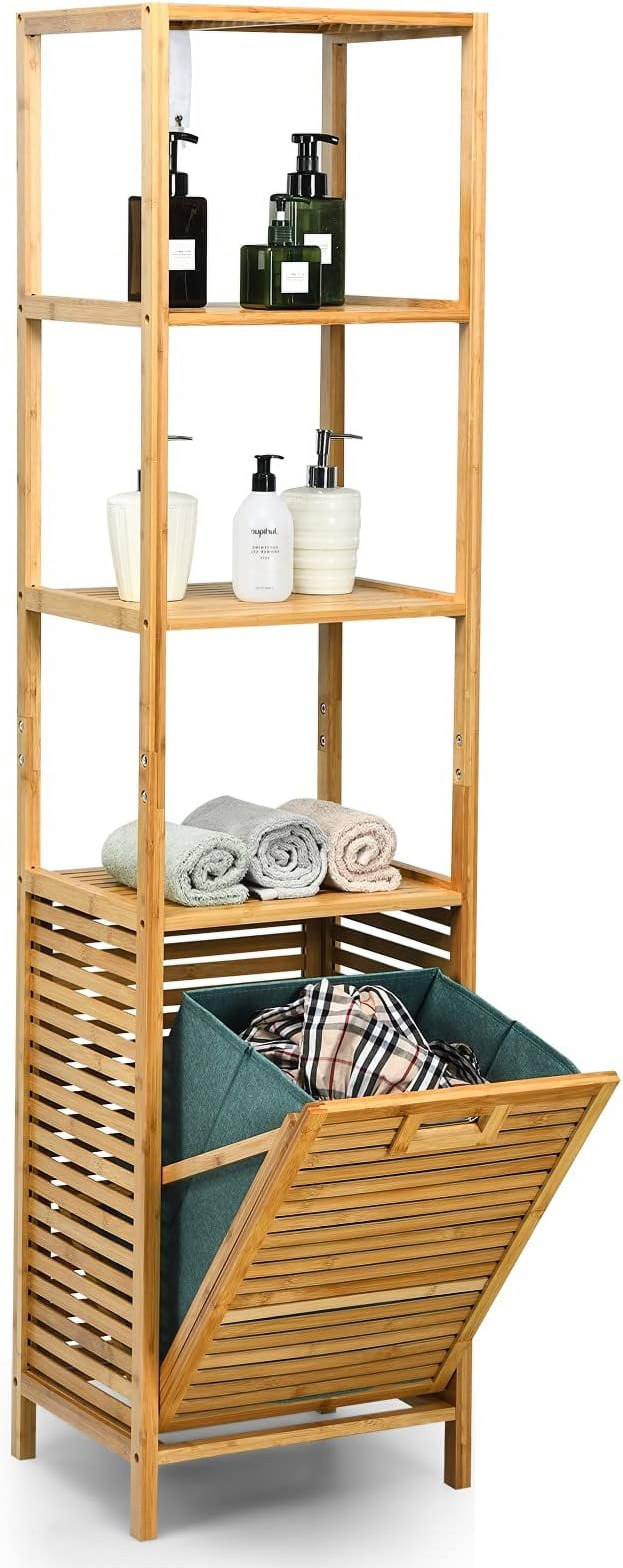 4 tier Bamboo Shelves with Tilt Out Laundry Hamper, Freestanding Storage Shelf with Laundry