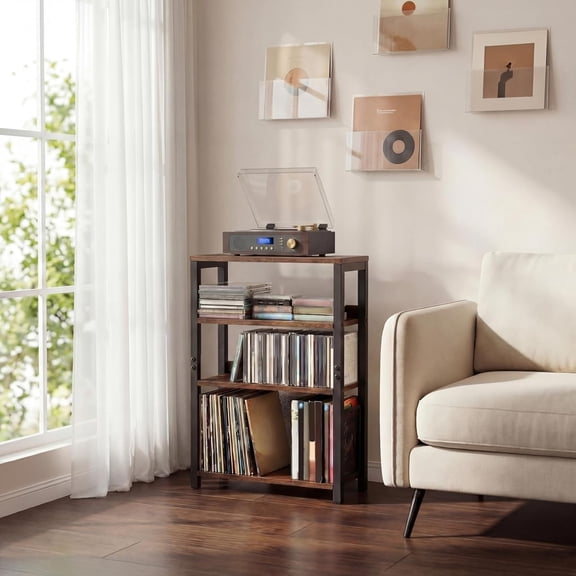 4-tier CD Holder, Record Player Stand with Display Shelf Wooden DVD Rack Record Storage for Home Office Living Room, Holds up to 90 Standard CDs