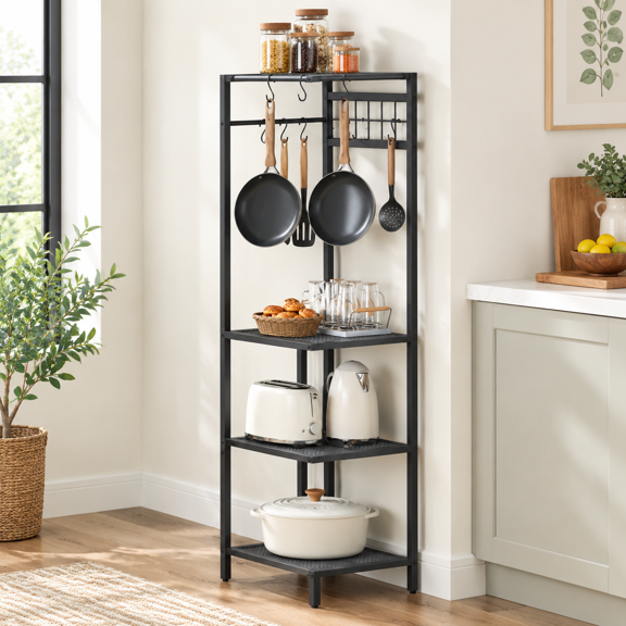 4-tier Freestanding Corner Pot Rack With Hooks, Cookware Storage Organizer