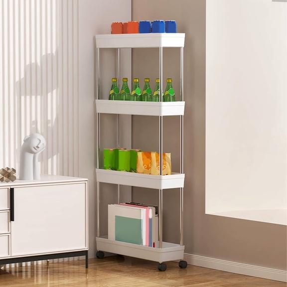 4-tier Kitchen Shelving on Wheels Narrow Storage Cart Slim Rolling Rack for Living Room Bathroom Organizer with 360 Swivel Casters Multi-tier Utility Shelf for Spices Condiments Toiletries Snacks