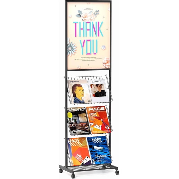 4-tier Mobile Magazine Rack with Poster Board Display, Adjustable Shelf for Brochures Books Newspapers, Rolling Stand for Exhibitions Stores Business