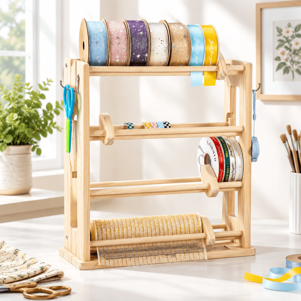 4-tier Ribbon Spool Organizer Holder Dispenser, Solid Wood Craft ...