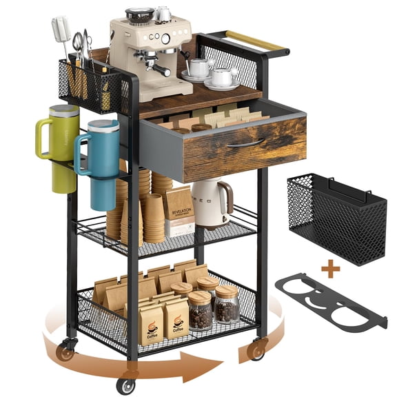 4-tier Rolling Coffee Cart Station with Removable Shelves and Storage Drawers