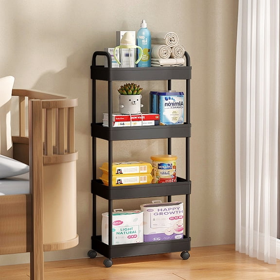 4-tier rolling storage cart with easy-glide wheels, multifunctional for kitchen, bathroom, and bedroom, space-saving trolley equipped with practical hooks, suitable for narrow spaces