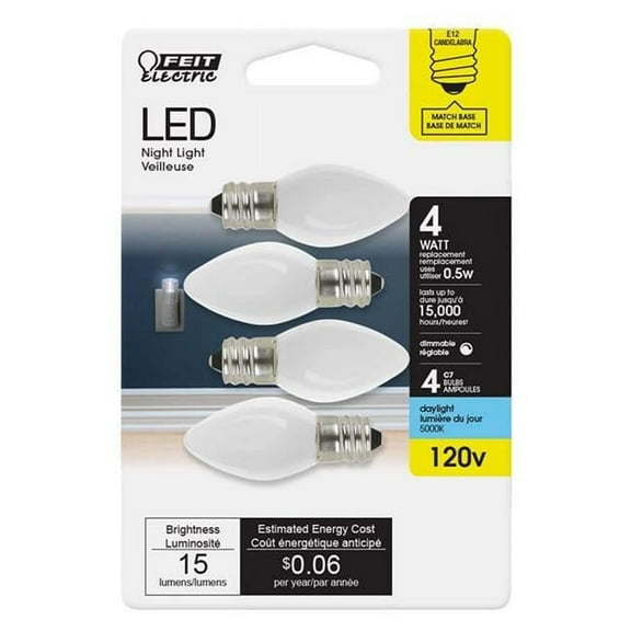 4 watt Equivalence 0.5 watt 15 Lumen C7 Nightlight LED Bulb, Daylight - Pack of 4