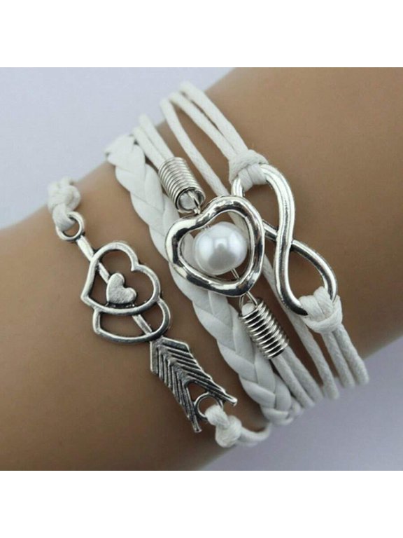 4 white Bracelet With Heart Arrow Infinity Charm And Simulated Pearl