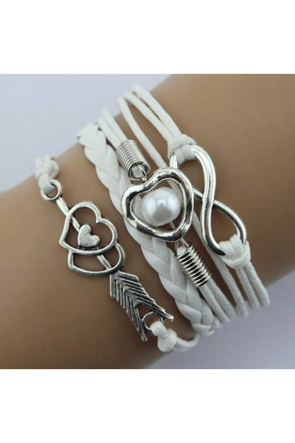 4 white Bracelet With Heart Arrow Infinity Charm And Simulated Pearl