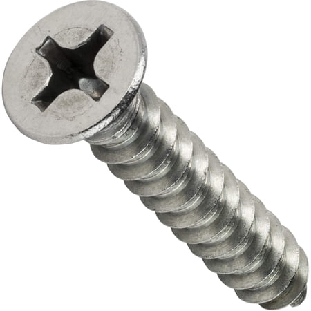 #4 x 1" Flat Head Sheet Metal Screws, Phillips Drive, Stainless Steel 18-8, Full Thread, Bright Finish, Self-Tapping, Quantity 50 By Fastenere
