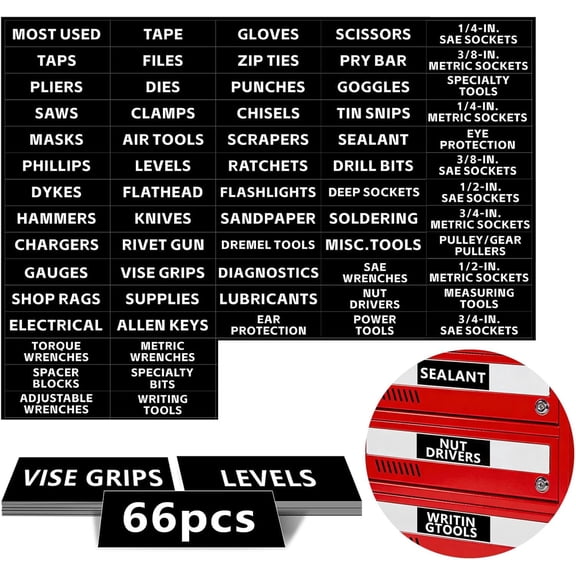 4"x 1" Tool Box Label, 66 count Tool Chest Drawer Labels, Labels with Clear & Durable Print, Fits Steel Toolbox Drawers of Brands (Black)