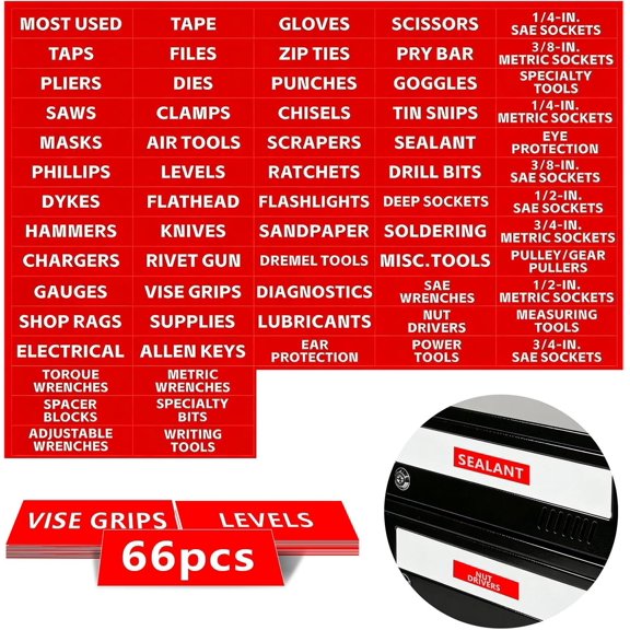 4"x 1" Tool Box Label, 66 count Tool Chest Drawer Labels, Labels with Clear & Durable Print, Fits Steel Toolbox Drawers of Brands (Red)
