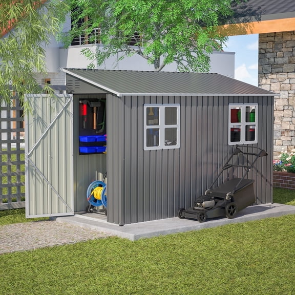 4 x 10 ft Metal Outdoor Storage Shed with 2 Windows, Lean to Storage Sheds W/lockable Door, Foundation & Air Vents, All Weather Waterproof Garden Tool House for Backyard, Patio, Lawn, Gray