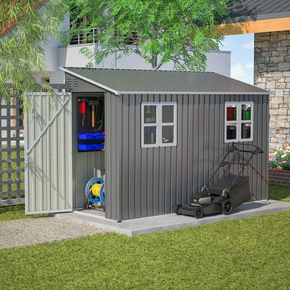 4 x 10 ft Metal Outdoor Storage Shed with 2 Windows, Lean to Storage Sheds W/lockable Door, Foundation & Air Vents, All Weather Waterproof Garden Tool House for Backyard, Patio, Lawn, Gray