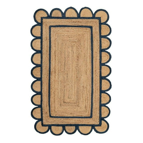 4 x 10 Feet ( 120 cm x 300 cm ) Natural Jute with Blue Scalloped Area Rugs , Home Decor Rugs