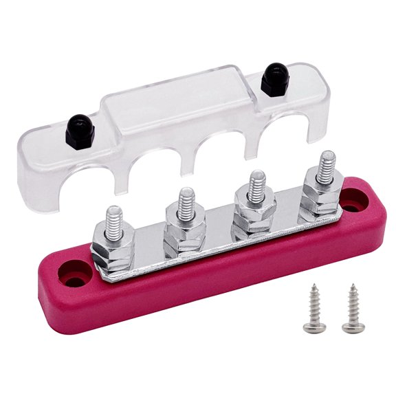 4 x #10 (M5) Studs Bus Bar, Ampper 4.2" Power Distribution Block Brass Battery BusBar Junction with Cover for Auto Boat Amplifier and More (Red)