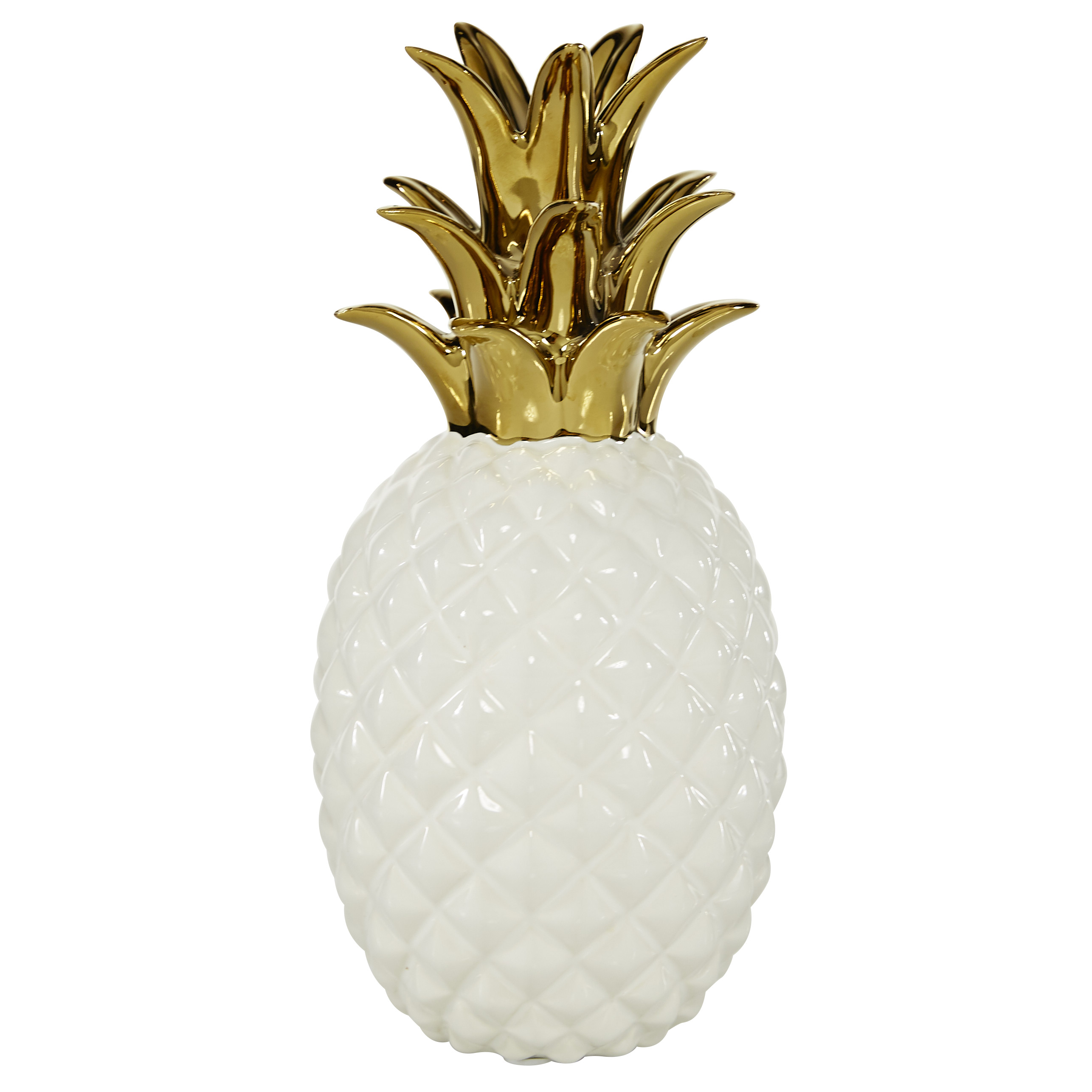 4" x 10" White Porcelain Pineapple Fruit Sculpture with Gold Leaves, by CosmoLiving by Cosmopolitan