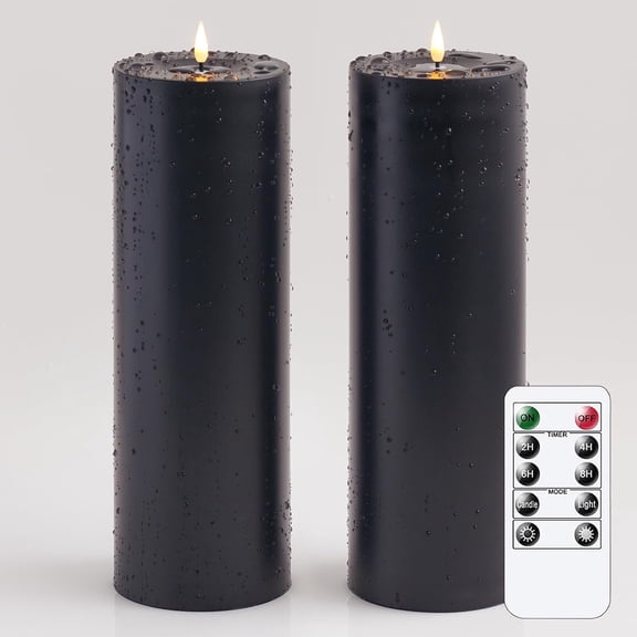 4" x 12" Flameless LED Remote Candles, Operated Flickering Timer Pack of 2 Tall Large Plastic Black Pillar Lasting 420 Hrs Outdoor Candles for Halloween Festival