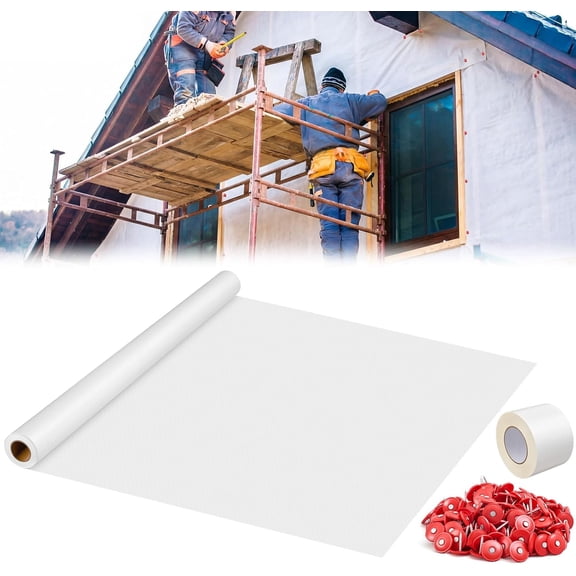 4 x 120 ft House Wrap, Breathable Water-Resistive Barrier for Exterior Walls, Weather-Resistant Membrane with Seam Tape and Plastic Cap Nails for House Siding and Wall Protection