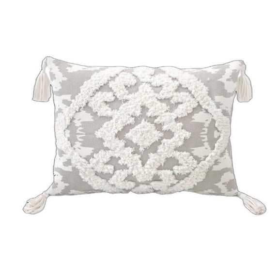 4 x 13 x 18 in. Gray & White Damask Zippered Polyester & Cotton Blend Throw Pillow with Tassels