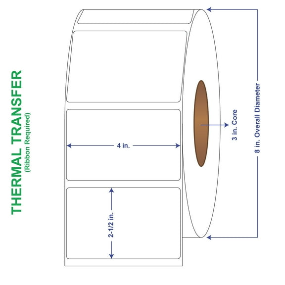 4" x 2-1/2" General Use Labels, Non-Perf Thermal Transfer Labels, 2500 per roll (4 Rolls per Carton)
