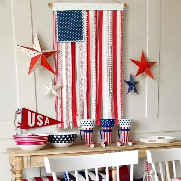 4 x 2.3 Ft Lighted Rag American Flag Banner, Boho Patriotic Wall Hanging with LED Lights Retro Independence Day Bunting for Outdoor Indoor Home Garden Porch Party Decor Farmhouse Americana