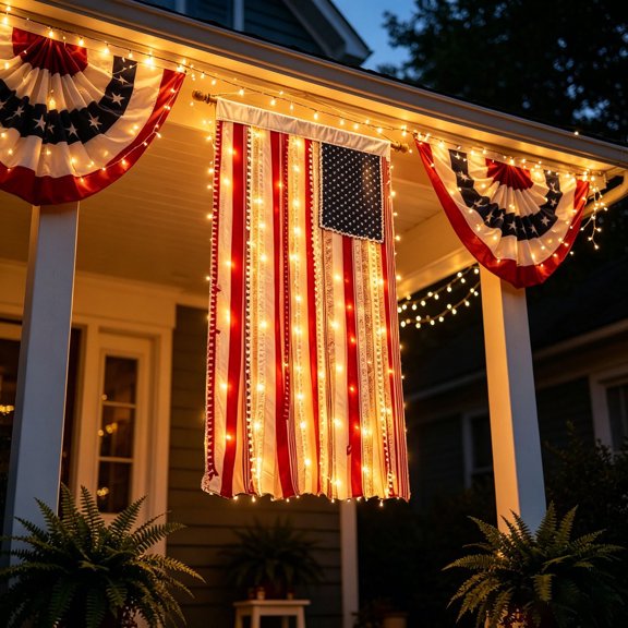 4 x 2.3 Ft Lighted Rag American Flag Banner, Boho Patriotic Wall Hanging with LED Lights Rope Flagpole, Retro Independence Day Bunting for Home Garden Porch Party Decor Farmhouse