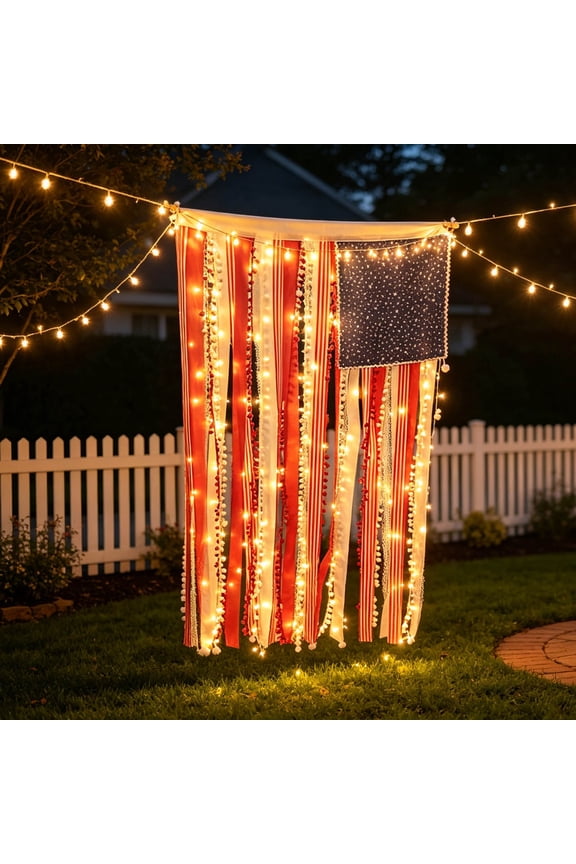 4 x 2.3 Ft Lighted Rag American Flag Banner, Boho Patriotic Wall Hanging with LED Lights Rope Flagpole, Retro Independence Day Bunting for Outdoor Indoor Home Garden Porch Party Decor Farmhouse