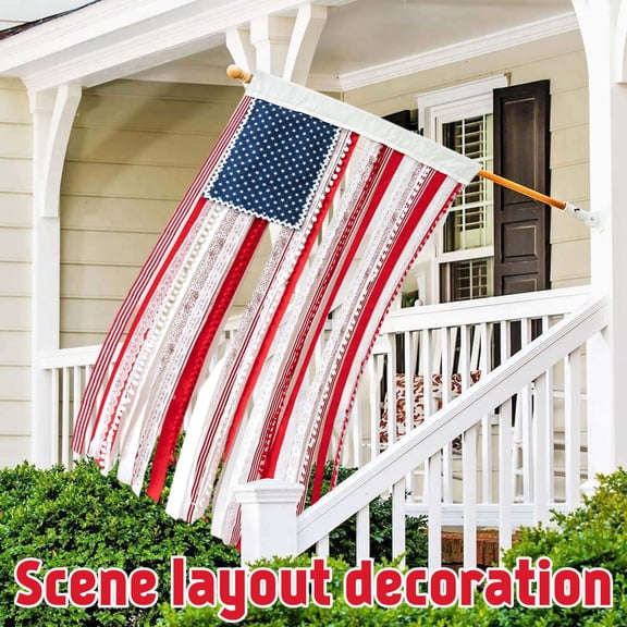 4 x 2.3 Ft Lighted Rag American Flag Banner with Lights, Boho Patriotic Wall Hanging Bunting, Retro Americana Decor for Porch Garden Indoor Space B-No light