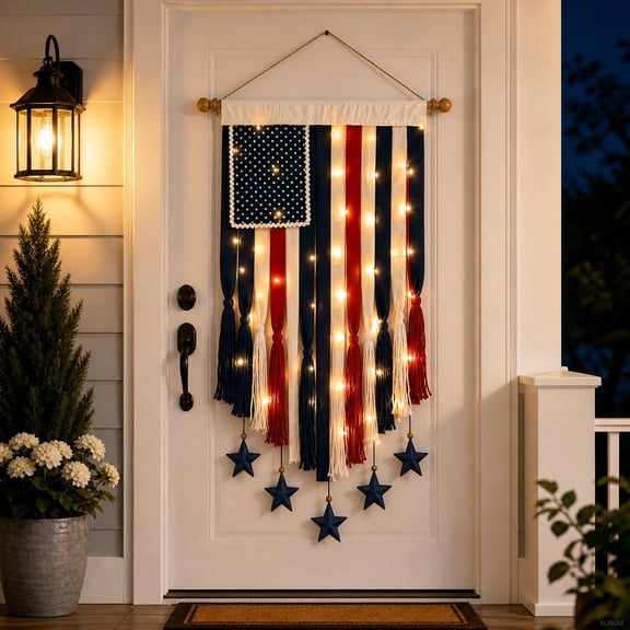 4 x 2.3 Ft Lighted Rag American Flag Banner with LED Lights, Patriotic Tassel Wall Hanging for Independence Day Porch Farmhouse Decor