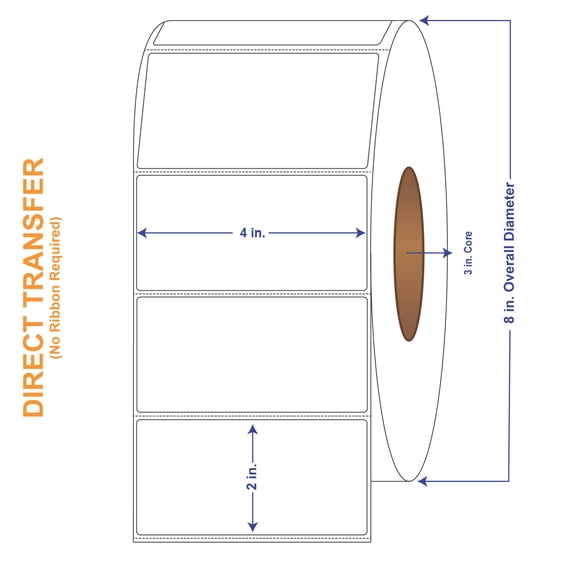 4" x 2" White Direct Print Thermal Labels, 3000 per roll (4 Rolls per Carton)