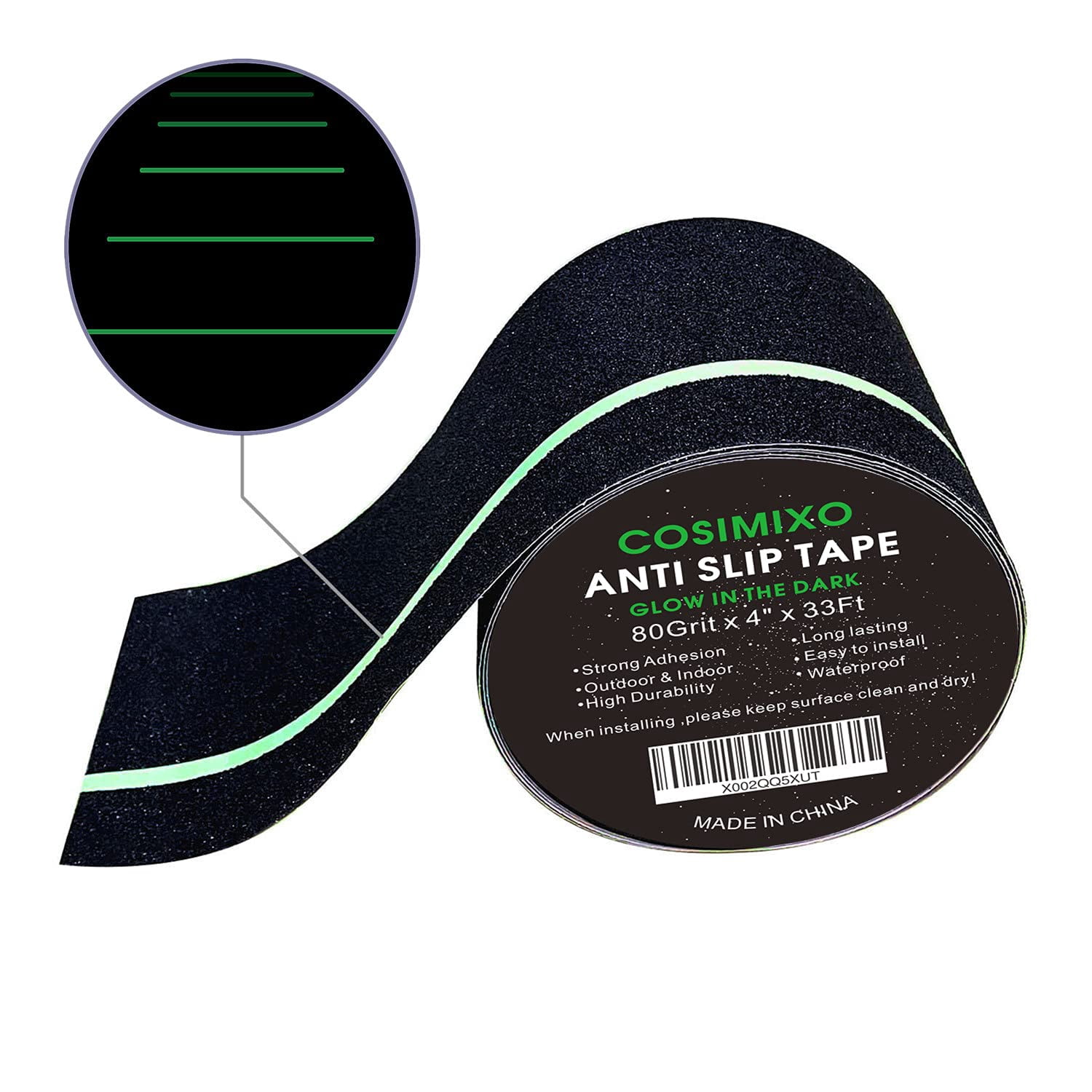 4" x 33FT Anti Slip Tape with Glow in The Dark Stripe,Premium Grip Tape Non Slip Stair Treads Tape,Non Skid Tape, High Traction Adhesive for Stairs Step Black/Green