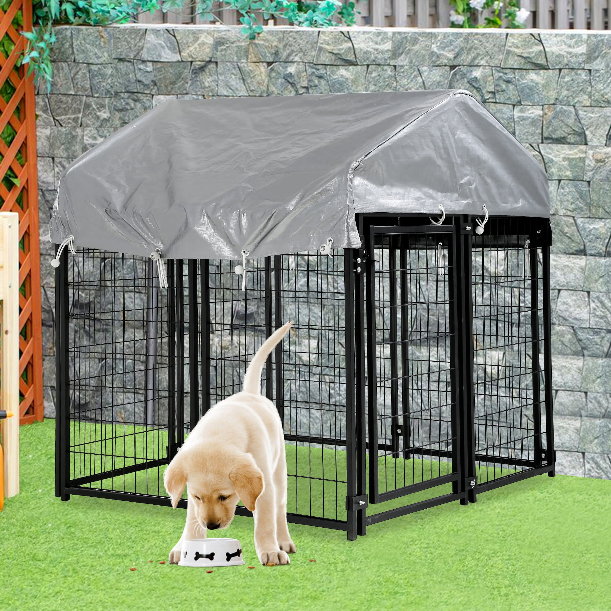 4 x 4 x 4.4 Ft Heavy Duty Large Dog Kennel Outside Outdoor Dog Pen for Outside with UV Protection Waterproof Cover and Roof Metal Welded Dog Crate 6ft Tall Dog Playpen