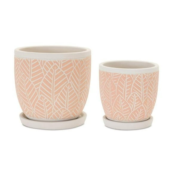 4 x 4.5 in. & 5.5 x 5.5 in. Cement Pot with Saucer, White & Pink - Set of 2