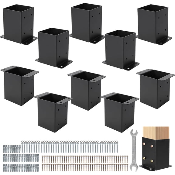 4 in x 4 in Post Base, 10 Pack Heavy Duty Steel Deck Post Brackets with Hardware Kit, Powder Coated Post Anchor for Fence Deck Pergola Gazebo Wood Post Support