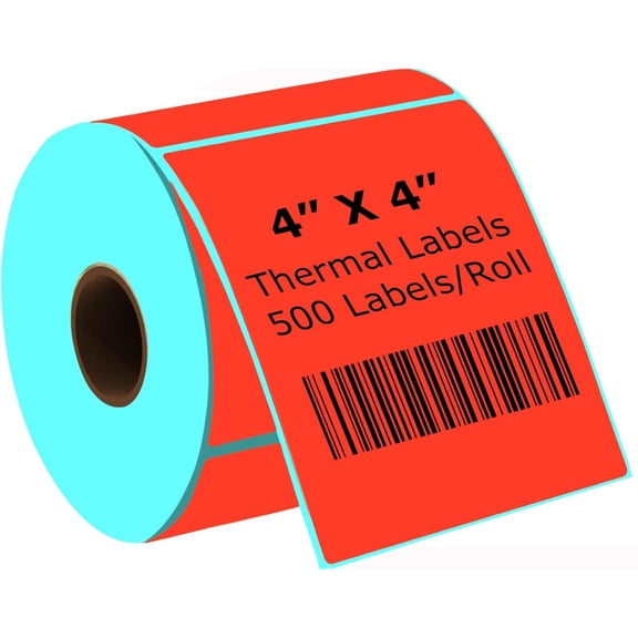 4" x 4" Red Thermal Labels, Self-Adhesive Square Inventory Stickers, Multipurpose Direct Thermal Shipping Labels Compatible with & Rollo Label Printer (500 Labels/Roll)