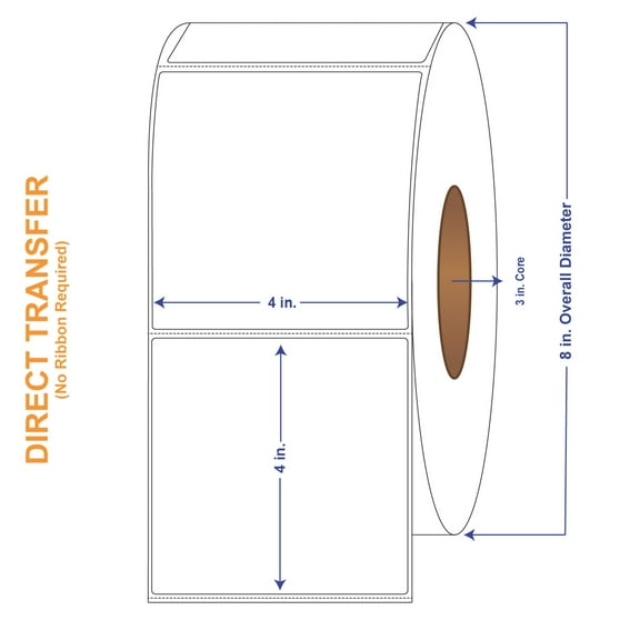 4" x 4" White Direct Print Thermal Labels, 1500 per roll (4 Rolls per Carton)
