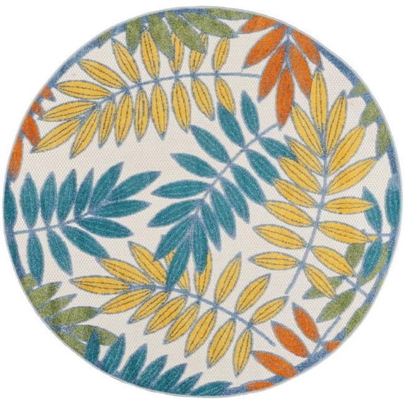 4 x 4 ft. Ivory Floral Non Skid Indoor & Outdoor Round Area Rug - Ivory and Blue - 0.25in. H x 48in. W x 48in. D