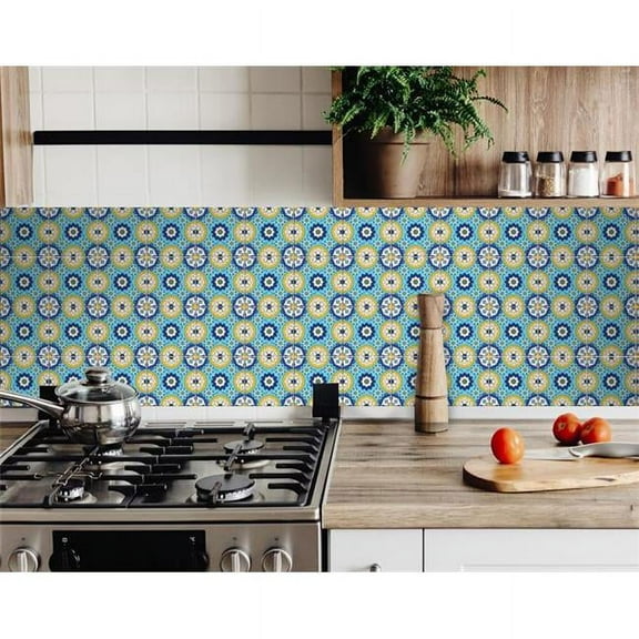 4 x 4 in. Aqua Yellow Floral Peel & Stick Removable Tiles