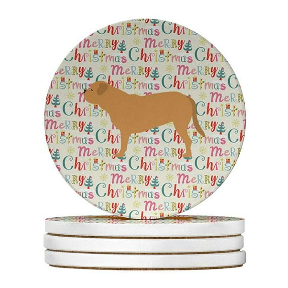 4 x 4 in. Unisex Dogue de Bordeaux Merry Christmas Large Sandstone Coasters, Multi Color - Pack of 4