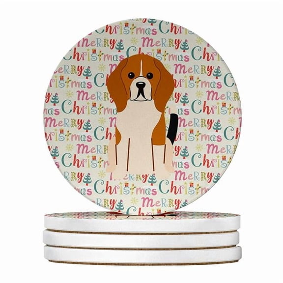 4 x 4 in. Unisex Merry Christmas Beagle Tricolor Large Sandstone Coasters, Multi Color - Pack of 4