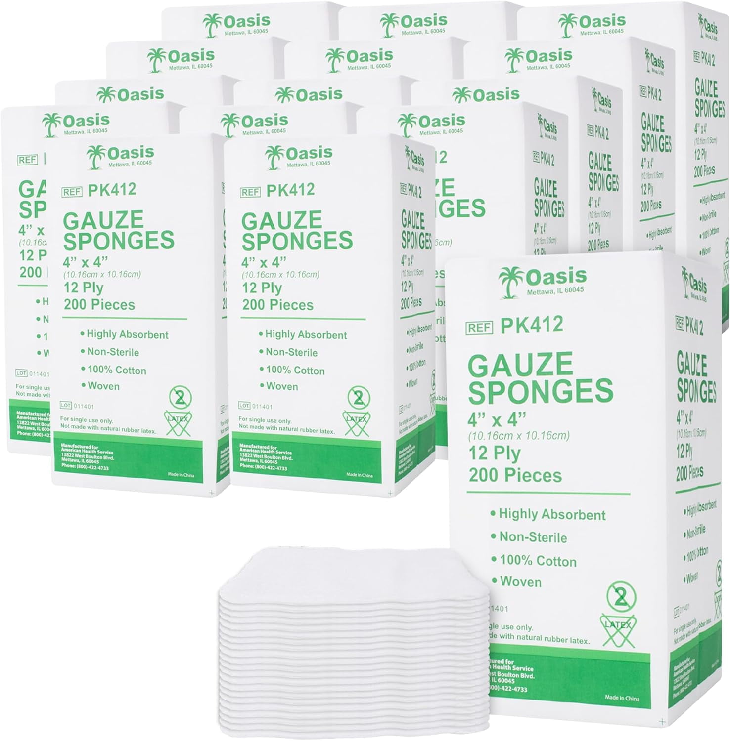 4 x 4 inch Gauze Sponges, 100% Cotton, 12-Ply Woven Non-Sterile Gauze, 3000 Pc (15 Packs of 200)