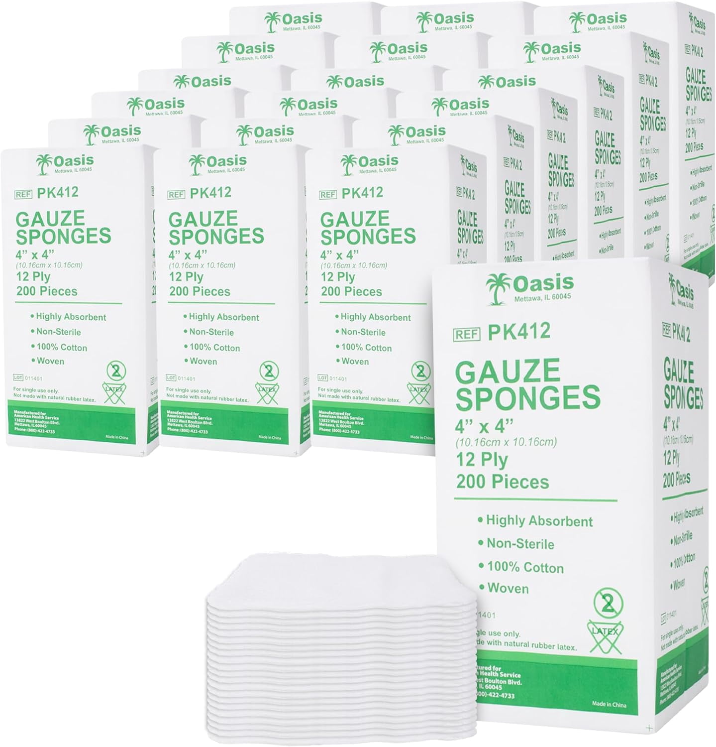 4 x 4 inch Gauze Sponges, 100% Cotton, 12-Ply Woven Non-Sterile Gauze, 4000 Pc (20 Packs of 200)