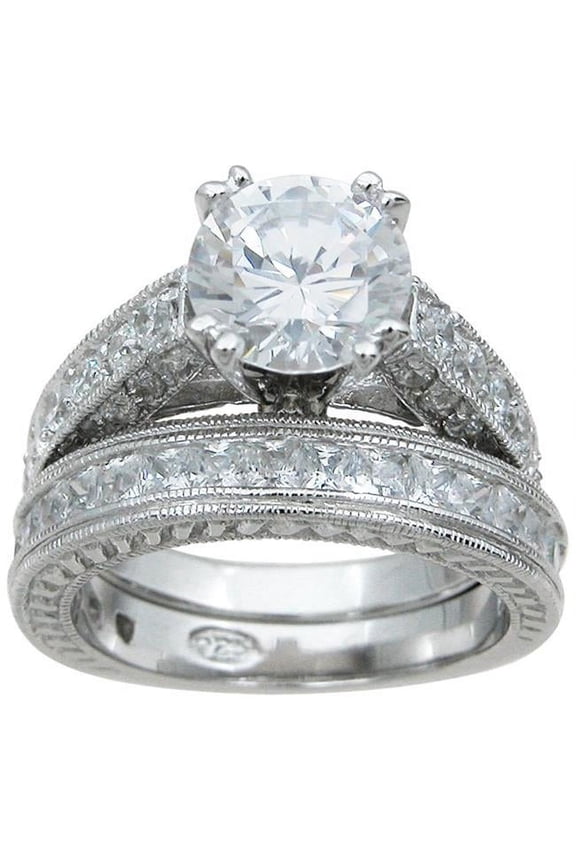 4 x 4 mm 925 Sterling Silver Cubic Zirconium Princess Wedding Set Ring  Rhodium Finish - Size 5