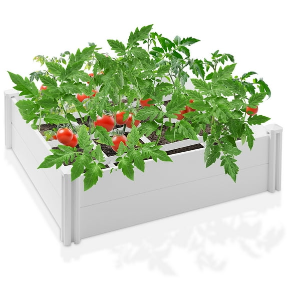 4' x 4' x 12" White Vinyl Raised Garden Bed with Grid, Above Ground Planter Box