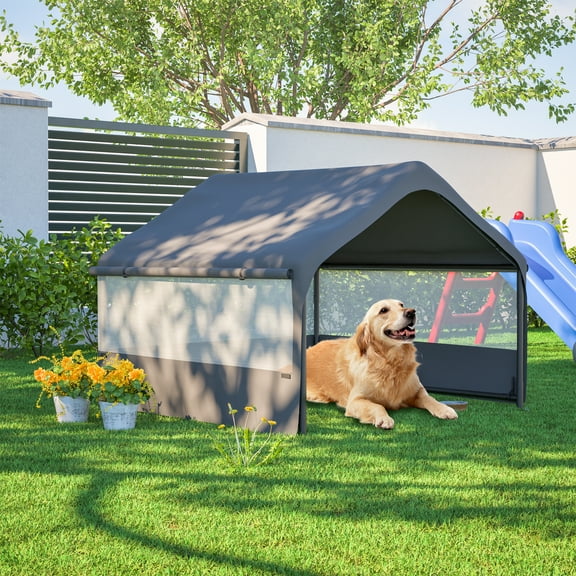 4'x 4'x 3.3' Extra Large Dog House Outside, Dog Tent Outdoor, Big Dog Shade Shelter Doghouse Canopy with Three-Sided Breathable Mesh Windows, Gray Sun Rain Cover for Pet Cat Livestock