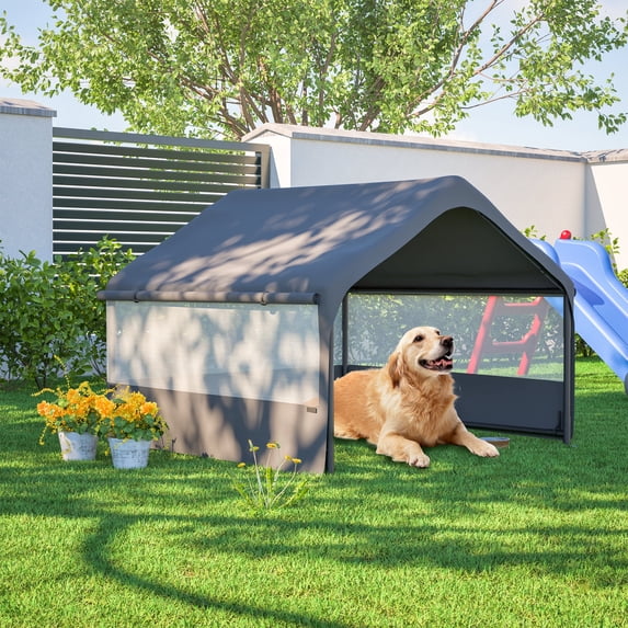 4'x 4'x 3.3' Extra Large Dog House Outside, Dog Tent Outdoor, Big Dog Shade Shelter Doghouse Canopy with Three-Sided Breathable Mesh Windows, Gray Sun Rain Cover for Pet Cat Livestock